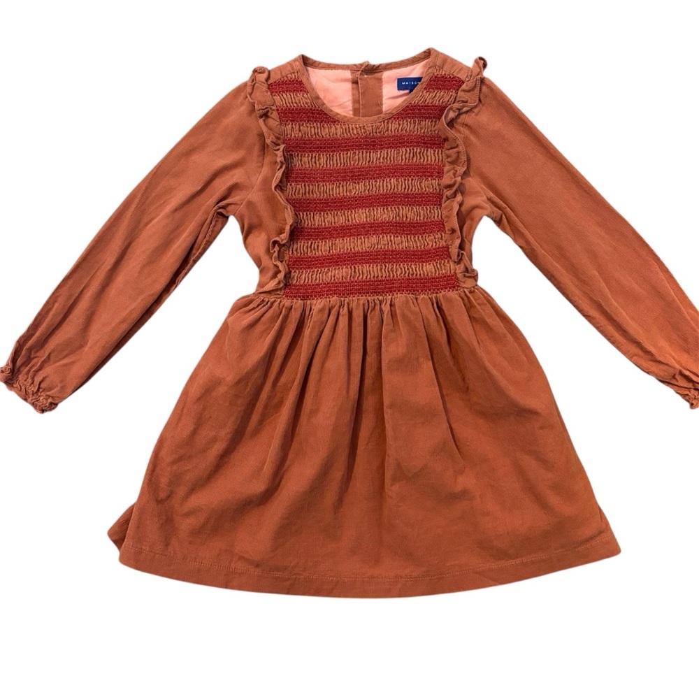 Maison Me Girls Dress Size 7 Rust Corduroy Smocked Long Sleeve Ruffle Cotton